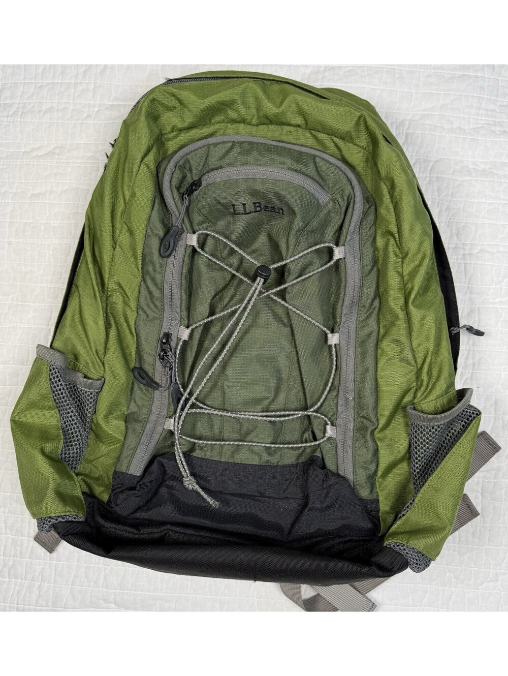 L.L.Bean Hiking Backpack Green Gray Daypack Outdoor Trail Travel Bungee